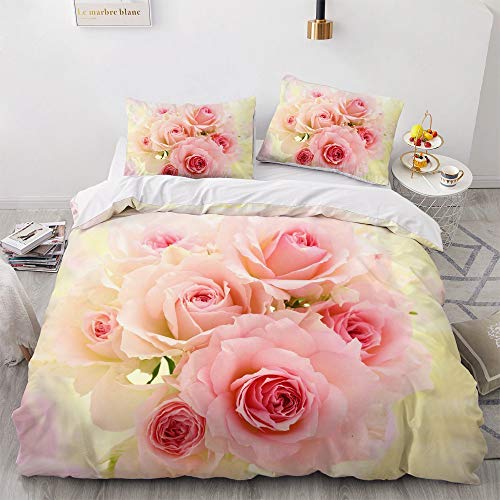 Luowei Blumen Bettwäsche 200x220cm Rosa Rosen Blüten Bettbezug Set 3 Teilig Weiche Microfaser Mädchen Bettwäsche mit Reißverschluss und 2 Kissenbezüge 80 x 80cm von Luowei