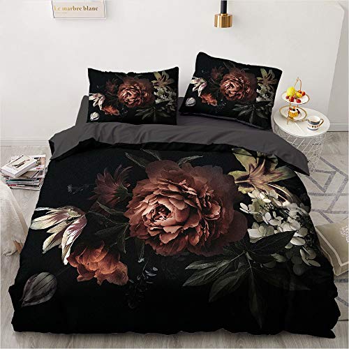 Luowei Blumen Bettwäsche 200x220cm Schwarz Blüten Floral Vintage Bettbezug Set mit Reißverschluss Weiche Microfaser Deckenbezug und 2 Kissenbezüge 80 x 80cm von Luowei