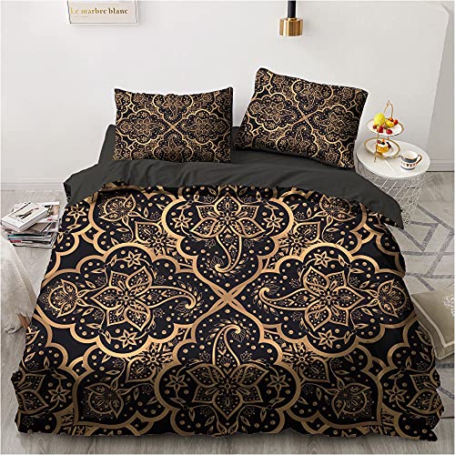 Luowei Böhmen Bettwäsche Set 135x200cm 4teilig Schwarz Gold Böhmisches Mandala Muster Dekoratives Bettbezug und 2 Kopfkissenbezüge 80 x 80cm mit Reißverschluss von Luowei