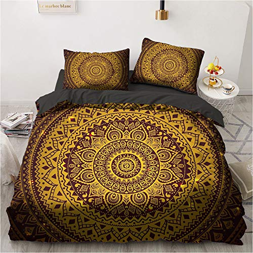 Luowei Bohemian Bettwäsche 135x200 4 Teilig Boho Bettwäsche Schwarz Gold Mandala Muster Bettbezug Mikrofaser Deckenbezug - 2 Bettbezüge 135x200 mit Reißverschluss + 2 Kissenbezug 80x80cm von Luowei