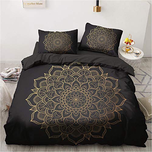 Luowei Boho Bettwäsche 155x220cm Schwarz Gold Mandala Muster Bettwäsche Set Mikrofaser Vintage Bohemian Deckenbezug mit Reißverschluss + 2 Kissenbezug 80x80cm von Luowei