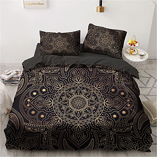 Luowei Boho Bettwäsche Set 135x200cm 4teilig Schwarz Gold Indisch Böhmisches Mandala Exotisch Bettbezug und 2 Kopfkissenbezüge 80 x 80cm mit Reißverschluss von Luowei