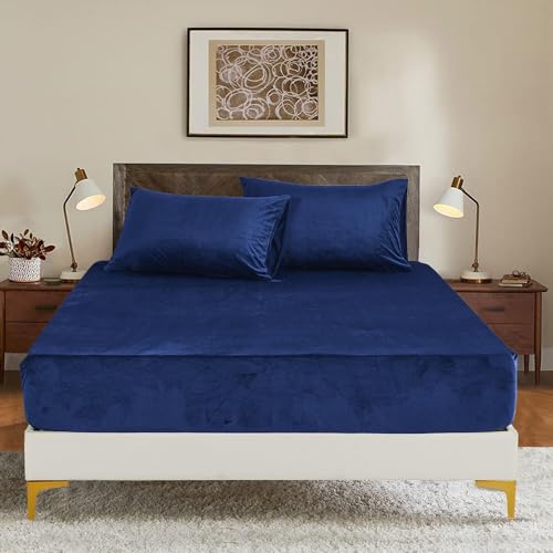 Luowei Fleece Spannbettlaken Bettlaken 140x200cm Dunkelblau Winter Extra Warm Plüsch Samt Kuschelige Leintuch 140x200cm Boxspringbett Frottee Spannbetttuch Uni Muster für Hohe Matratze bis 25-30 cm von Luowei