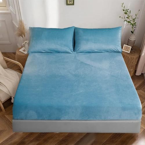 Luowei Fleece Spannbettlaken Bettlaken 140x200cm Hellblau Winter Extra Warm Plüsch Samt Kuschelige Leintuch 140x200cm Boxspringbett Frottee Spannbetttuch Uni Muster für Hohe Matratze bis 25-30 cm von Luowei