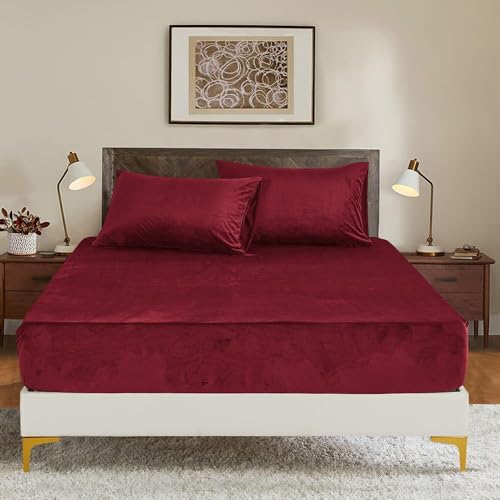 Luowei Fleece Spannbettlaken Bettlaken 140x200cm Weinrot Winter Extra Warm Plüsch Samt Kuschelige Leintuch 140x200cm Boxspringbett Frottee Spannbetttuch Uni Muster für Hohe Matratze bis 25-30 cm von Luowei
