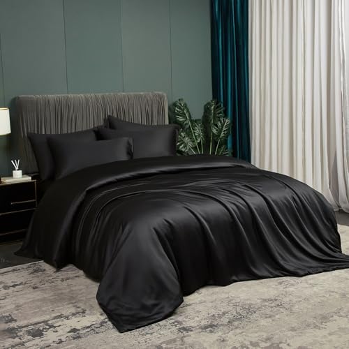 Luowei Kühlender Bettwäsche 135 x 200 cm 4 Teiliges Bambusfaser Sommer Schwarz Weich Bettwäsche Set aus Bambus Polyester Atmungsaktiv Anti-Schwitzen mit Reißverschluss und 1 Kissenbezug 80x80cm von Luowei