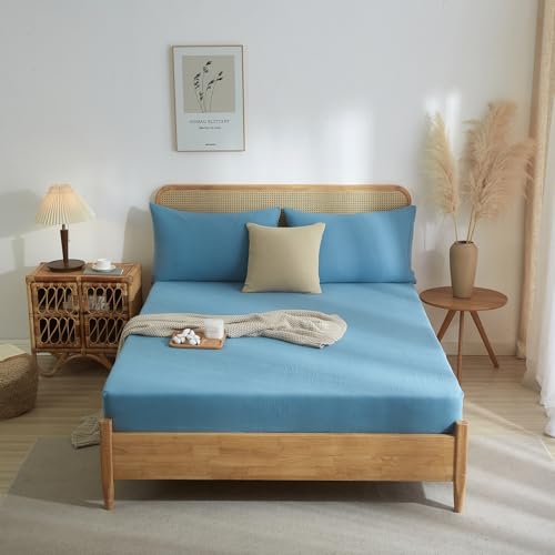 Luowei Muslin Spannbettlaken 180x200cm Dunkelblau 100% Baumwolle Bettlaken Boxspringbett Atmungsaktiv Absorbiert Schweiß Leinenartigem Matratzenschoner für 25-30 cm höhe Matratze von Luowei