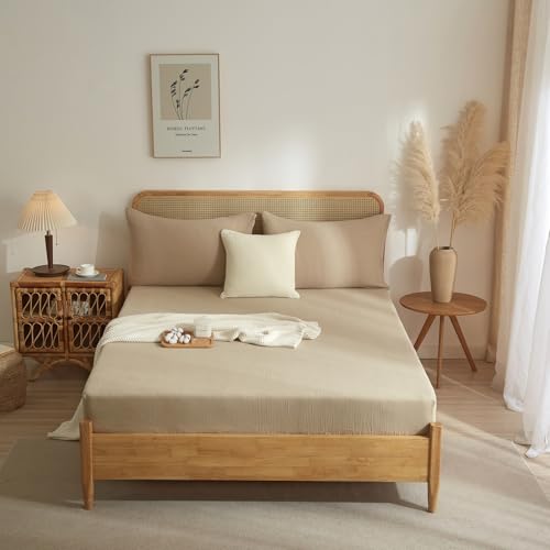 Luowei Muslin Spannbettlaken 180x200cm Khaki 100% Baumwolle Bettlaken Boxspringbett Bequem Hautfreundlich Leinenartigem Matratzenschoner für 25-30 cm höhe Matratze von Luowei