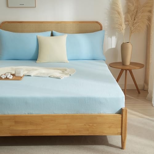 Luowei Muslin Spannbettlaken 90x200cm Blau 100% Baumwolle Bettlaken Boxspringbett Atmungsaktiv Leinenartigem Extra Tiefe Taschenlaken Oeko-TEX Zertifiziert Matratzenschoner - 30 cm höhe Matratze Luowei Muslin Spannbettlaken 90x200cm Blau 100% Baumwolle Bettlaken Boxspringbett Atmungsaktiv Leinenartigem Extra Tiefe Taschenlaken Oeko-TEX Zertifiziert Matratzenschoner - 30 cm höhe Matratze von Luowei