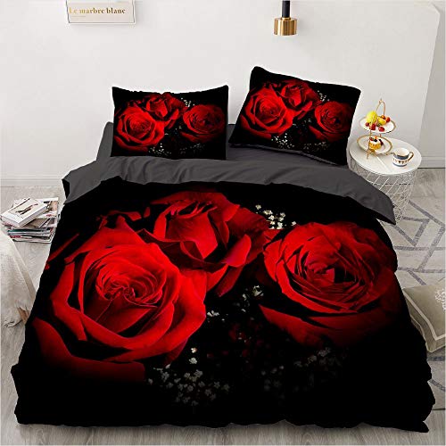 Luowei Rosen Bettwäsche 135x200cm 4 Teilig Rot Blüten Blumenmuster Bettbezug Set für Einzelbett Weiche Microfaser Bettbezug mit Reißverschluss und 2 Kissenbezüge 80 x 80 cm von Luowei