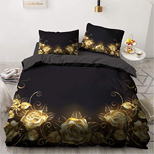 Luowei Rosen Bettwäsche 135x200cm Gold Rosen Blumen Bettbezug Romantische Floral Microfaser Deckenbezug mit Reißverschluss und 1 Kissenbezug 80 x 80 cm von Luowei