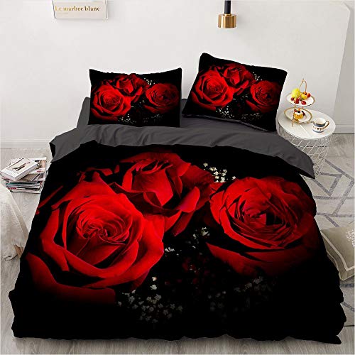 Luowei Rosen Bettwäsche 200x220cm Rot Blüten Blumenmuster Bettbezug Set für Einzelbett Weiche Microfaser Bettbezug mit Reißverschluss und 2 Kissenbezüge 80 x 80 cm von Luowei