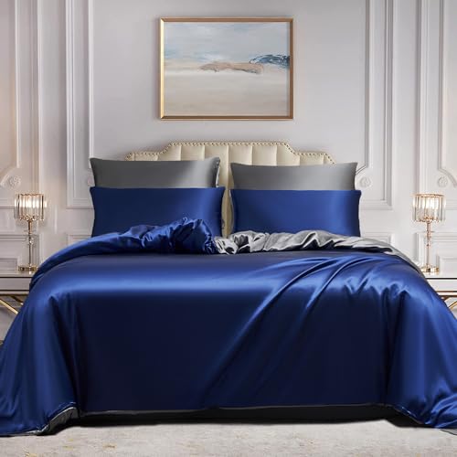 Luowei Satin Bettwäsche 135×200cm 4 Teilig, Blau Grau Bettwäsche Set mit Reißverschluss, 2 Bettbezüge mit 2 Kissenbezüge 80×80cm von Luowei
