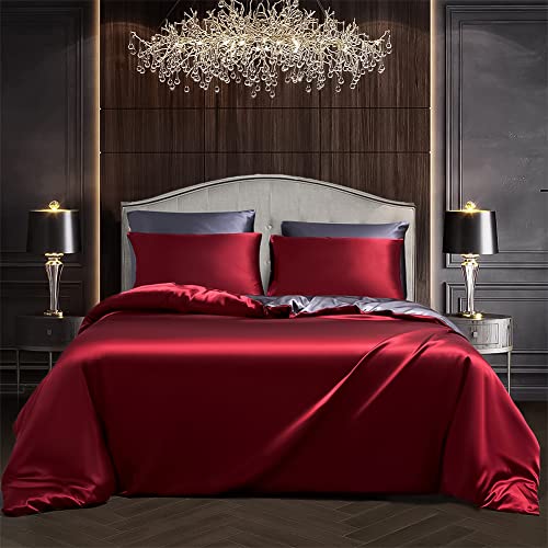 Luowei Satin Bettwäsche 220×240cm, Glatte Luxus Glänzende Zweifarbiges Weinrot Rot Satin Seide Bettwäsche Set und 2 Kissenbezüge 80×80cm mit Reißverschluss von Luowei