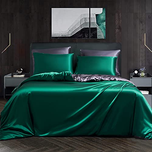 Luowei Satin Bettwäsche Set 135×200cm 4 Teilig Grau Dunkelgrün Sommerbettwäsche Einfarbig Glanzsatin 2 Bettbezüge mit Reißverschluss + 2 Kissenbezüge 80×80cm von Luowei