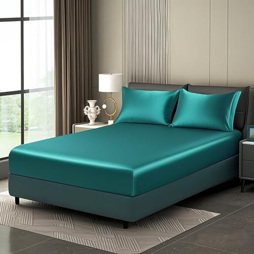 Luowei Satin Spannbettlaken Boxspringbett 140x200cm Sommer Bettlaken Grün Seidig Seide Kühlend Microfaser Spannbetttuch 140x200 Weich Maschinenwaschbar für Hohe Matratze bis 25-30 cm von Luowei