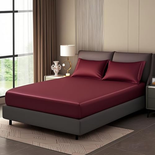 Luowei Satin Spannbettlaken Boxspringbett 140x200cm Sommer Bettlaken Weinrot Seidig Seide Kühlend Microfaser Spannbetttuch 140x200 Weich Maschinenwaschbar für Hohe Matratze bis 25-30 cm von Luowei