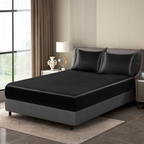Luowei Satin Spannbettlaken Boxspringbett 180x200cm Sommer Bettlaken Schwarz Seidig Seide Kühlend Microfaser Spannbetttuch 180x200 Weich Maschinenwaschbar für Hohe Matratze bis 25-30 cm von Luowei