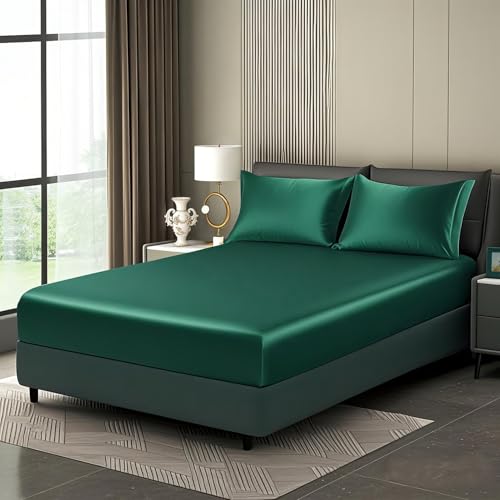 Luowei Satin Spannbettlaken Boxspringbett 90x200cm Sommer Bettlaken Dunkelgrün Seidig Seide Kühlend Mikrofaser Spannbetttuch 90x200 Weich Maschinenwaschbar für Hohe Matratze bis 25-30 cm von Luowei