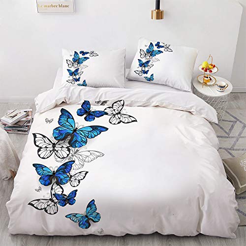 Luowei Schmetterling Bettwäsche 135x200cm 4 Teilig Blau Weiß Butterfly Muster Bettbezug Set Microfaser Wendebettwäsche mit Reißverschluss und 2 Kissenbezüge 80 x 80 cm von Luowei