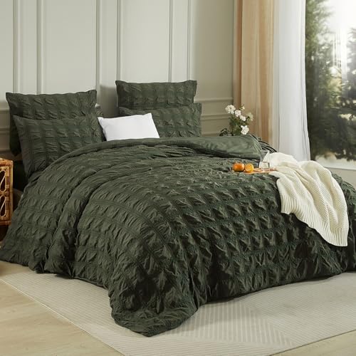 Luowei Seersucker Bettwäsche 155x220cm Kariert Olivgrün Grün Flauschig Bügelfreie Bettwäsche Aesthetic Set Sommer Kühlend Bettbezug 155x220 mit Reißverschluss und 2 Kissenbezug 80x80 cm von Luowei