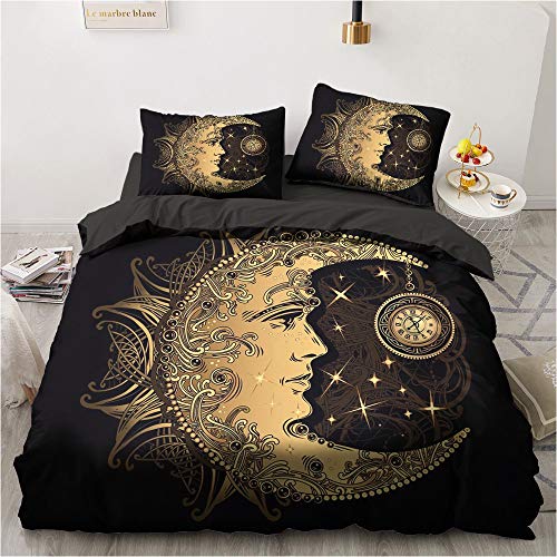 Luowei Sonne und Mond Bettwäsche 200x200cm Schwarz Gold Bohemien Mandala Bettbezug Weiche Mikrofaser Deckenbezug mit Reißverschluss und 2 Kissenbezüge 80x80cm von Luowei