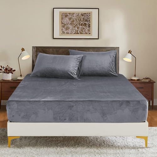 Luowei Spannbettlaken Warm 160x200cm Grau Extra Warm Kuschel Spannbetttuch Samt Flanell Flauschige Spannbetttücher Weich Uni Muster Leintuch 160x200 für Boxspringbett Hohe Matratze bis 25-30cm von Luowei