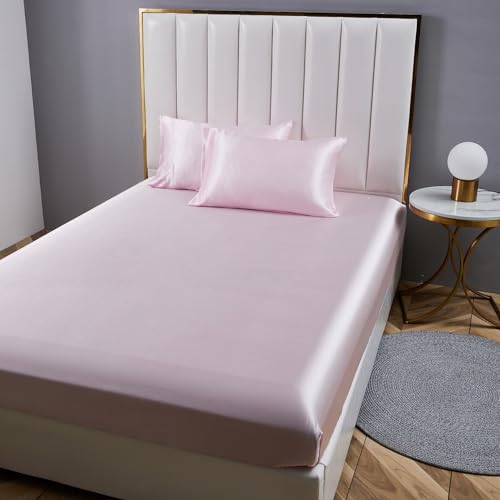 Luowei Spannbettlaken160x200cm Rosa Satin Seide Glänzend Bettlaken Komfortabel Luxuriös Einfarbig Spannbetttuch für Hohe Matratze bis 25-30 cm von Luowei