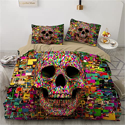 Luowei Totenkopf Bettwäsche 135x200 4teilig 3D Bunt Skull Bettbezug Set Weiche Microfaser Bettwäsche mit Reißverschluss und 2 Kissenbezüge 80×80 cm von Luowei
