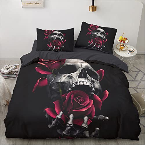 Luowei Totenkopf Bettwäsche 135x200 4teilig Gothic Skull Rosen Muster Halloween Bettbezug Set Weiche Microfaser Bettwäsche mit Reißverschluss und 2 Kissenbezüge 80×80 cm von Luowei
