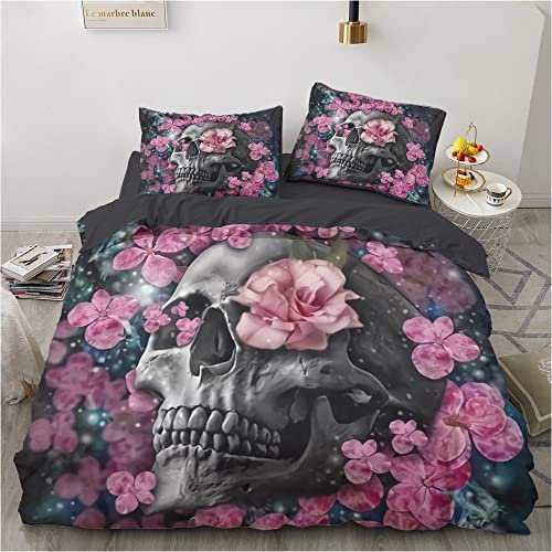 Luowei Totenkopf Bettwäsche 135x200 4teilig Skull Muster Blumen Gothic Bettbezug Set Weiche Microfaser Bettwäsche mit Reißverschluss und 2 Kissenbezüge 80×80 cm von Luowei