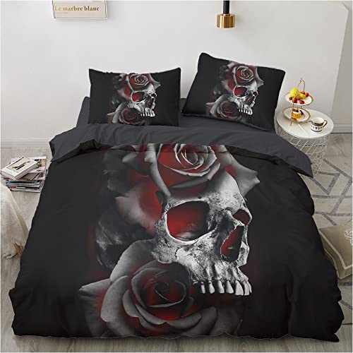 Luowei Totenkopf Bettwäsche 135x200 4teilig Skull Muster Rosen Gothic Bettbezug Set Weiche Microfaser Bettwäsche mit Reißverschluss und 2 Kissenbezüge 80×80 cm von Luowei