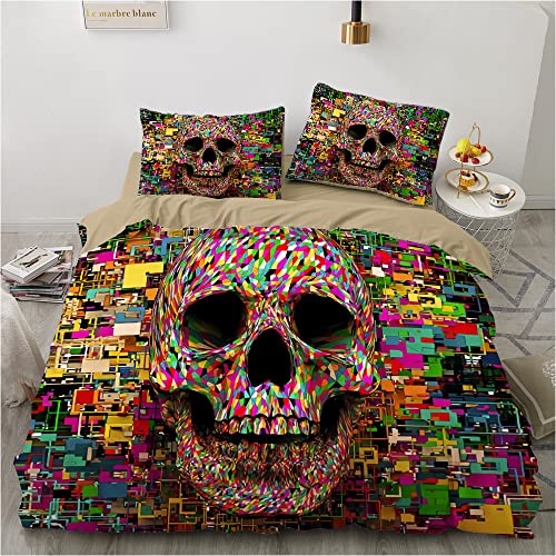 Luowei Totenkopf Bettwäsche 135x200 Schädel Bunt Muster 3D Bettbezug Set Weiche Komfort Microfaser Bettwäsche 2teilig mit Reißverschluss und 80x80 cm Kissenbezug von Luowei