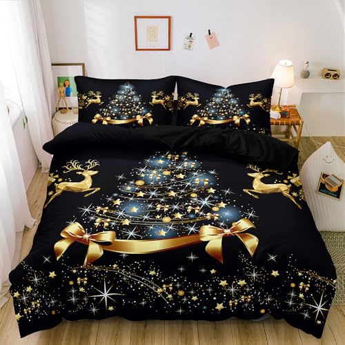 Luowei Weihnachts Bettwäsche 155x220cm Schwarz Gold Winter flauschig Mikrofaser Teenager Mädchen Jungen Bettbezug mit Reißverschluss + 2 Kissenbezug 80x80 cm von Luowei