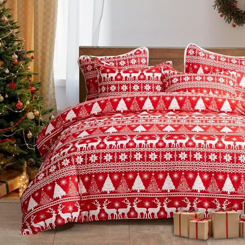 Luowei Weihnachts Bettwäsche 200x220 cm Warmer Winter Rot Weicher Weihnachtselch Thema Bettwäsche Set Teenager Junge Mädchen Bettbezug mit Reißverschluss und 2 Kissenbezüge 80x80cm von Luowei