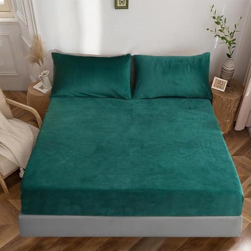 Luowei Winter Spannbettlaken 90x200cm Dunkelgrün Samt Extra Warm Boxspringbett Frottee Bettlaken Flanell Spannbetttuch Uni Muster Spannbetttücher 90x200cm für Hohe Matratze Steghöhe 25-30cm von Luowei