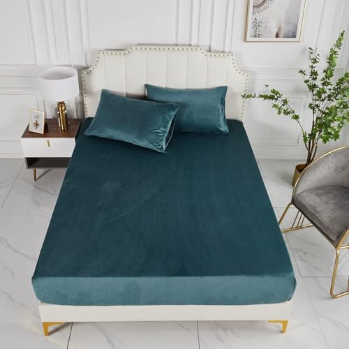 Luowei Winter Spannbettlaken 90x200cm Petrol Blau Samt Extra Warm Boxspringbett Frottee Bettlaken Flanell Spannbetttuch Uni Muster Spannbetttücher 90x200cm für Hohe Matratze Steghöhe 25-30cm von Luowei