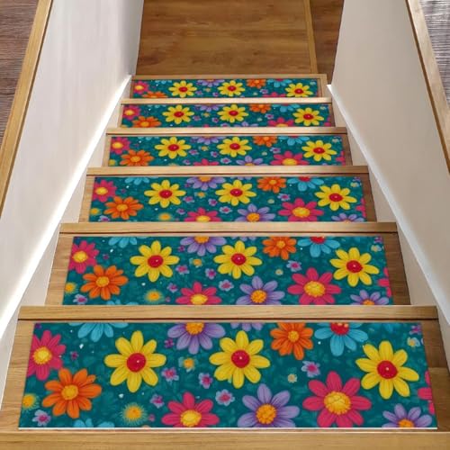 Bunte Blumen-Treppenmatten für Holzstufen, 76,2 x 20,3 cm, rutschfest, für den Innenbereich, Treppenläufer, Treppenläufer, Matten für Hunde, Kinder, ältere Menschen, mit wiederverwendbarem Klebstoff Bunte Blumen-Treppenmatten für Holzstufen, 76,2 x 20,3 cm, rutschfest, für den Innenbereich, Treppenläufer, Treppenläufer, Matten für Hunde, Kinder, ältere Menschen, mit wiederverwendbarem Klebstoff von Luoweisi