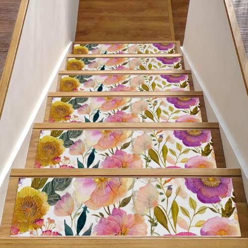 Bunte Blumen-Treppenmatten für Holzstufen, 76,2 x 20,3 cm, rutschfest, für den Innenbereich, Treppenläufer, Treppenläufer, Matten für Hunde, Kinder, ältere Menschen, mit wiederverwendbarem Klebstoff Bunte Blumen-Treppenmatten für Holzstufen, 76,2 x 20,3 cm, rutschfest, für den Innenbereich, Treppenläufer, Treppenläufer, Matten für Hunde, Kinder, ältere Menschen, mit wiederverwendbarem Klebstoff von Luoweisi