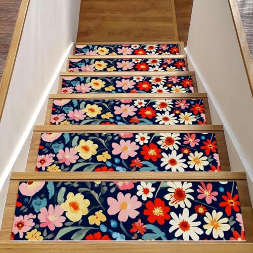 Bunte Blumen-Treppenmatten für Holzstufen, 76,2 x 20,3 cm, rutschfest, für den Innenbereich, Treppenläufer, Treppenläufer, Matten für Hunde, Kinder, ältere Menschen, mit wiederverwendbarem Klebstoff Bunte Blumen-Treppenmatten für Holzstufen, 76,2 x 20,3 cm, rutschfest, für den Innenbereich, Treppenläufer, Treppenläufer, Matten für Hunde, Kinder, ältere Menschen, mit wiederverwendbarem Klebstoff von Luoweisi