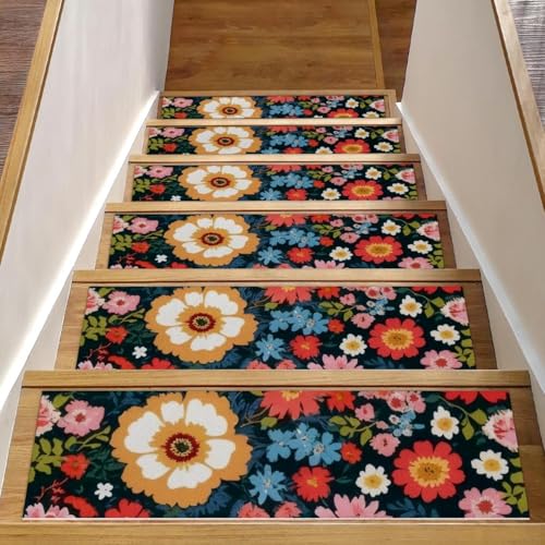 Bunte Blumen-Treppenmatten für Holzstufen, 76,2 x 20,3 cm, rutschfest, für den Innenbereich, Treppenläufer, Treppenläufer, Matten für Hunde, Kinder, ältere Menschen, mit wiederverwendbarem Klebstoff Bunte Blumen-Treppenmatten für Holzstufen, 76,2 x 20,3 cm, rutschfest, für den Innenbereich, Treppenläufer, Treppenläufer, Matten für Hunde, Kinder, ältere Menschen, mit wiederverwendbarem Klebstoff von Luoweisi