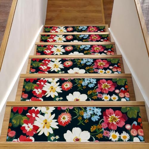 Bunte Blumen-Treppenmatten für Holzstufen, 76,2 x 20,3 cm, rutschfest, für den Innenbereich, Treppenläufer, Treppenläufer, Matten für Hunde, Kinder, ältere Menschen, mit wiederverwendbarem Klebstoff Bunte Blumen-Treppenmatten für Holzstufen, 76,2 x 20,3 cm, rutschfest, für den Innenbereich, Treppenläufer, Treppenläufer, Matten für Hunde, Kinder, ältere Menschen, mit wiederverwendbarem Klebstoff von Luoweisi