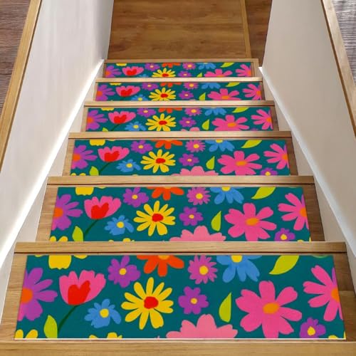 Bunte Blumen-Treppenmatten für Holzstufen, 76,2 x 20,3 cm, rutschfest, für den Innenbereich, Treppenläufer, Treppenläufer, Matten für Hunde, Kinder, ältere Menschen, mit wiederverwendbarem Klebstoff Bunte Blumen-Treppenmatten für Holzstufen, 76,2 x 20,3 cm, rutschfest, für den Innenbereich, Treppenläufer, Treppenläufer, Matten für Hunde, Kinder, ältere Menschen, mit wiederverwendbarem Klebstoff von Luoweisi