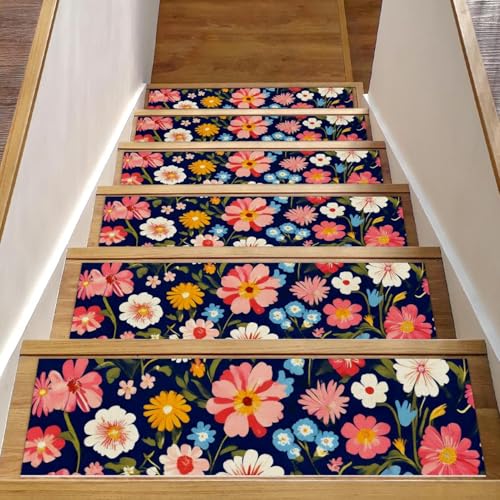 Bunte Blumen-Treppenmatten für Holzstufen, 76,2 x 20,3 cm, rutschfest, für den Innenbereich, Treppenläufer, Treppenläufer, Matten für Hunde, Kinder, ältere Menschen, mit wiederverwendbarem Klebstoff Bunte Blumen-Treppenmatten für Holzstufen, 76,2 x 20,3 cm, rutschfest, für den Innenbereich, Treppenläufer, Treppenläufer, Matten für Hunde, Kinder, ältere Menschen, mit wiederverwendbarem Klebstoff von Luoweisi
