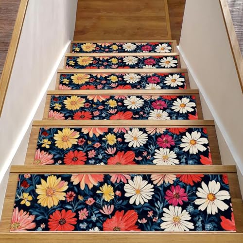 Bunte Blumen-Treppenmatten für Holzstufen, 76,2 x 20,3 cm, rutschfest, für den Innenbereich, Treppenläufer, Treppenläufer, Matten für Hunde, Kinder, ältere Menschen, mit wiederverwendbarem Klebstoff Bunte Blumen-Treppenmatten für Holzstufen, 76,2 x 20,3 cm, rutschfest, für den Innenbereich, Treppenläufer, Treppenläufer, Matten für Hunde, Kinder, ältere Menschen, mit wiederverwendbarem Klebstoff von Luoweisi