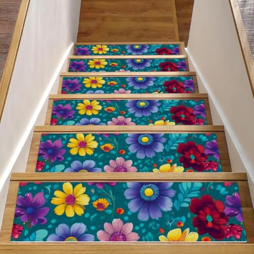Bunte Blumen-Treppenmatten für Holzstufen, 76,2 x 20,3 cm, rutschfest, für den Innenbereich, Treppenläufer, Treppenläufer, Matten für Hunde, Kinder, ältere Menschen, mit wiederverwendbarem Klebstoff Bunte Blumen-Treppenmatten für Holzstufen, 76,2 x 20,3 cm, rutschfest, für den Innenbereich, Treppenläufer, Treppenläufer, Matten für Hunde, Kinder, ältere Menschen, mit wiederverwendbarem Klebstoff von Luoweisi