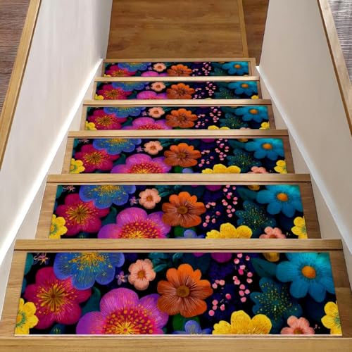 Bunte Blumen-Treppenmatten für Holzstufen, 76,2 x 20,3 cm, rutschfest, für den Innenbereich, Treppenläufer, Treppenläufer, Matten für Hunde, Kinder, ältere Menschen, mit wiederverwendbarem Klebstoff Bunte Blumen-Treppenmatten für Holzstufen, 76,2 x 20,3 cm, rutschfest, für den Innenbereich, Treppenläufer, Treppenläufer, Matten für Hunde, Kinder, ältere Menschen, mit wiederverwendbarem Klebstoff von Luoweisi