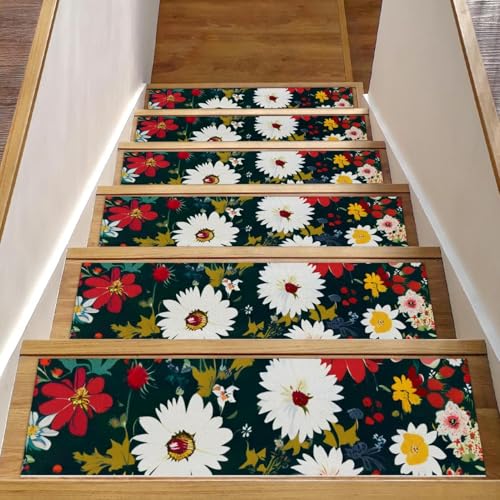 Bunte Blumen-Treppenmatten für Holzstufen, 76,2 x 20,3 cm, rutschfest, für den Innenbereich, Treppenläufer, Treppenläufer, Matten für Hunde, Kinder, ältere Menschen, mit wiederverwendbarem Klebstoff Bunte Blumen-Treppenmatten für Holzstufen, 76,2 x 20,3 cm, rutschfest, für den Innenbereich, Treppenläufer, Treppenläufer, Matten für Hunde, Kinder, ältere Menschen, mit wiederverwendbarem Klebstoff von Luoweisi