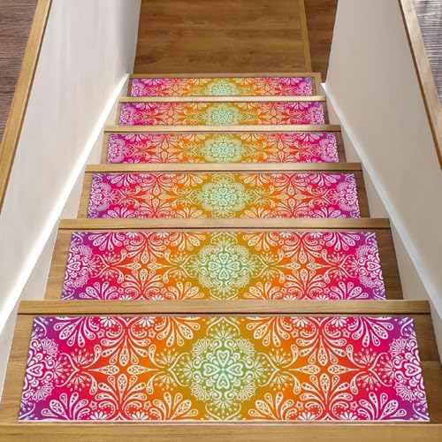 Bunte Mandala-Blumen mit Blatt-Treppenstufen für Holzstufen, 15 Stück, 76,2 x 20,3 cm, rutschfest, für den Innenbereich, Treppenläufer, Treppenläufer, Matten für Hunde, Kinder, ältere Menschen, mit Bunte Mandala-Blumen mit Blatt-Treppenstufen für Holzstufen, 15 Stück, 76,2 x 20,3 cm, rutschfest, für den Innenbereich, Treppenläufer, Treppenläufer, Matten für Hunde, Kinder, ältere Menschen, mit von Luoweisi