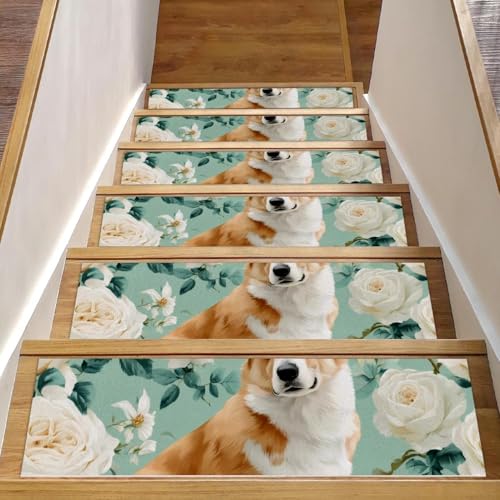 Corgi Stufenmatten für Holzstufen, weiße Blumen, 76,2 x 20,3 cm, rutschfest, für den Innenbereich, Treppenläufer, Treppenläufer, Matten für Hunde, Kinder, ältere Menschen, mit wiederverwendbarem Corgi Stufenmatten für Holzstufen, weiße Blumen, 76,2 x 20,3 cm, rutschfest, für den Innenbereich, Treppenläufer, Treppenläufer, Matten für Hunde, Kinder, ältere Menschen, mit wiederverwendbarem von Luoweisi